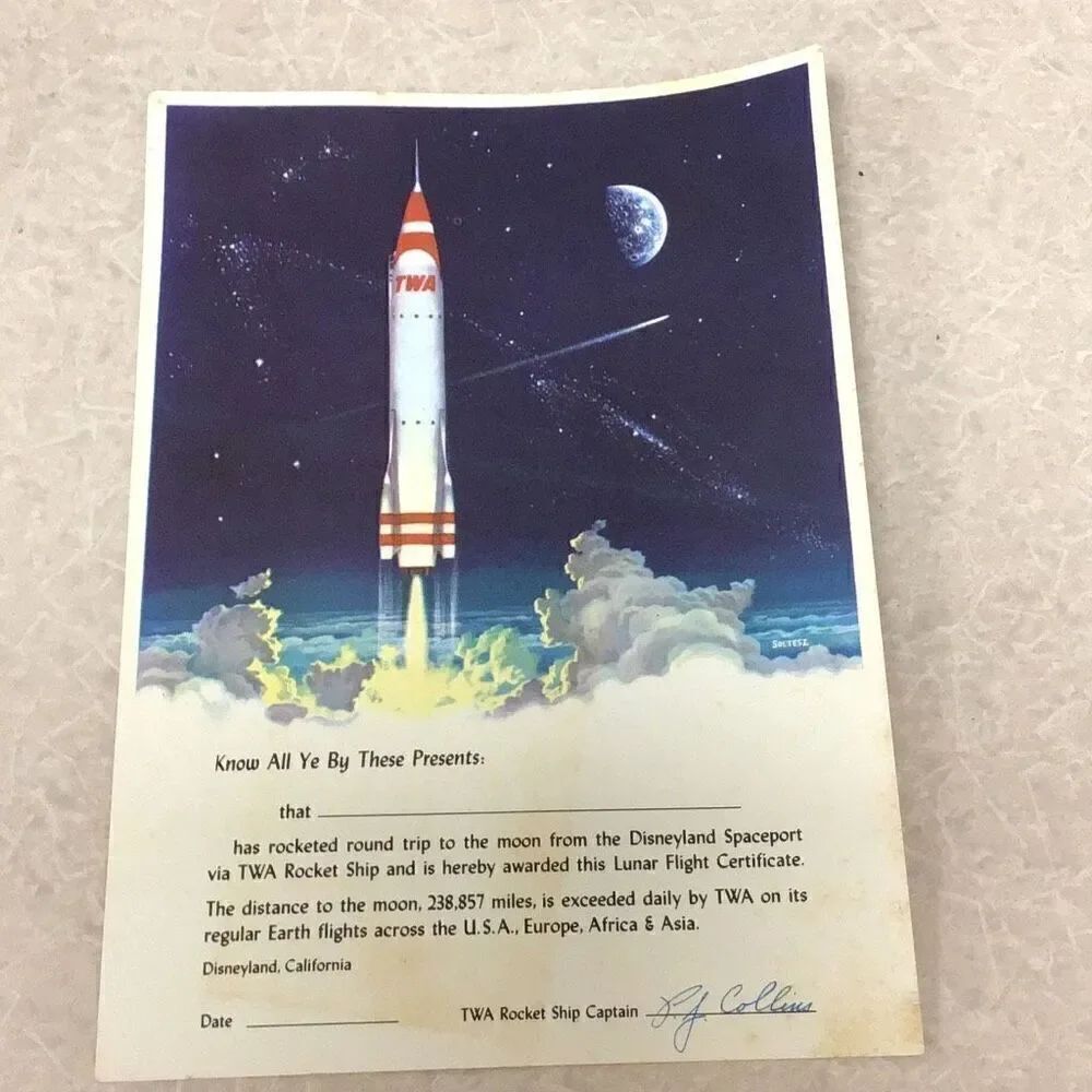 Vintage 1956 Disney land, and TWA airlines rocket around the moon certificate
